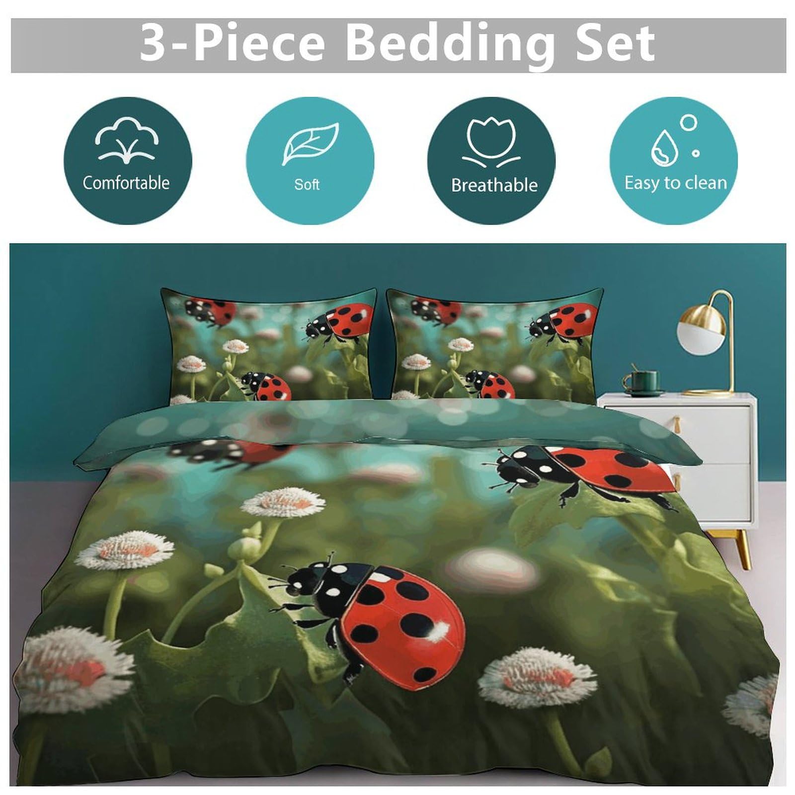 Set di biancheria da letto 3 pezzi, ultra morbido, con copriletto con paesaggio coccinella + 2 federe, leggero copripiumino double-face per casa/hotel/regali, 259 x 228,6 cm