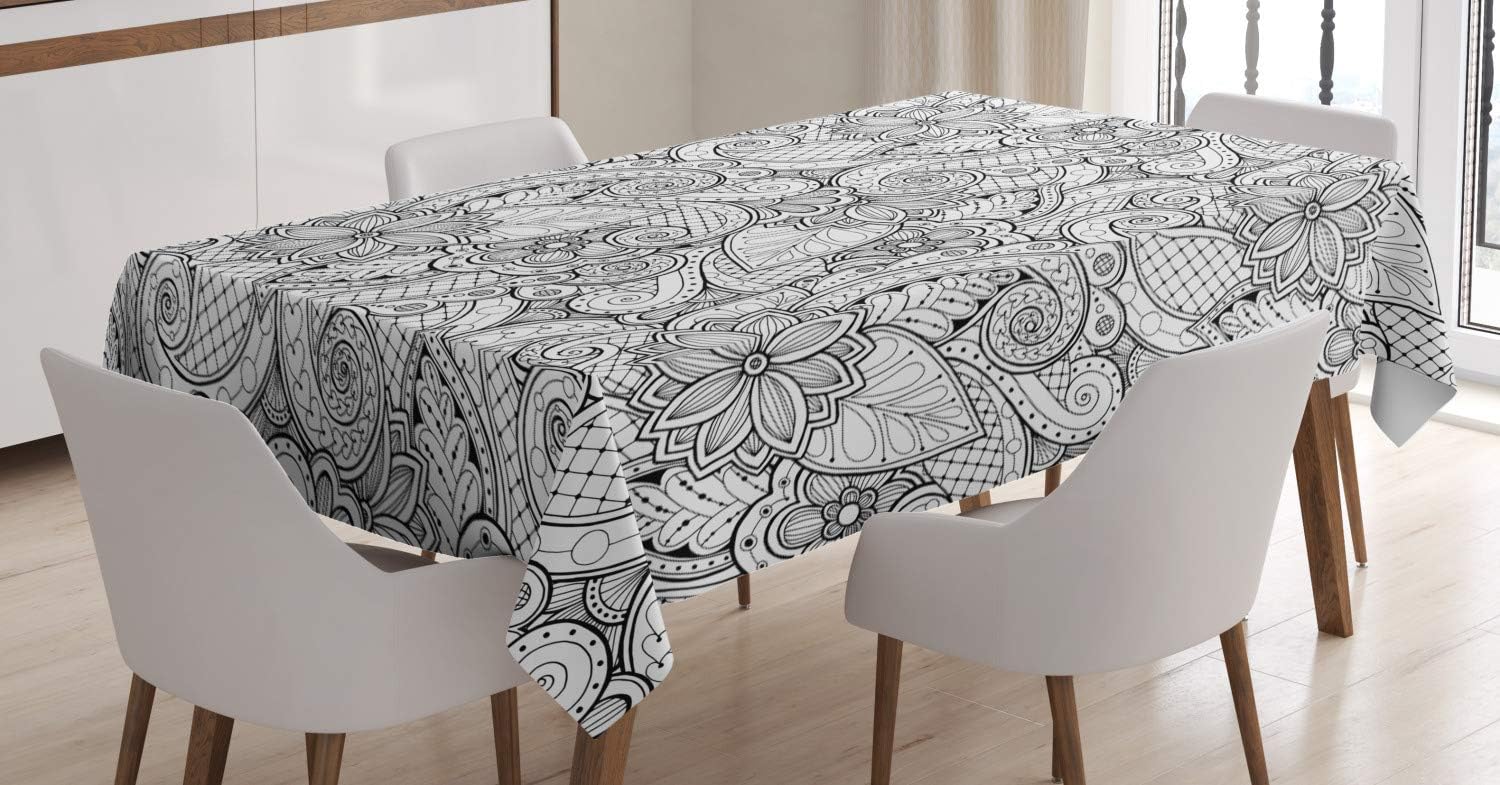 Ambesonne Ethnic Tablecloth, Monochrome Flowers Hearts and Paisley Motifs Nature Doodle with Influences, Dining Room Kitchen Rectangular Table Cover, 60" X 84", White Black 60" X 84" White Black