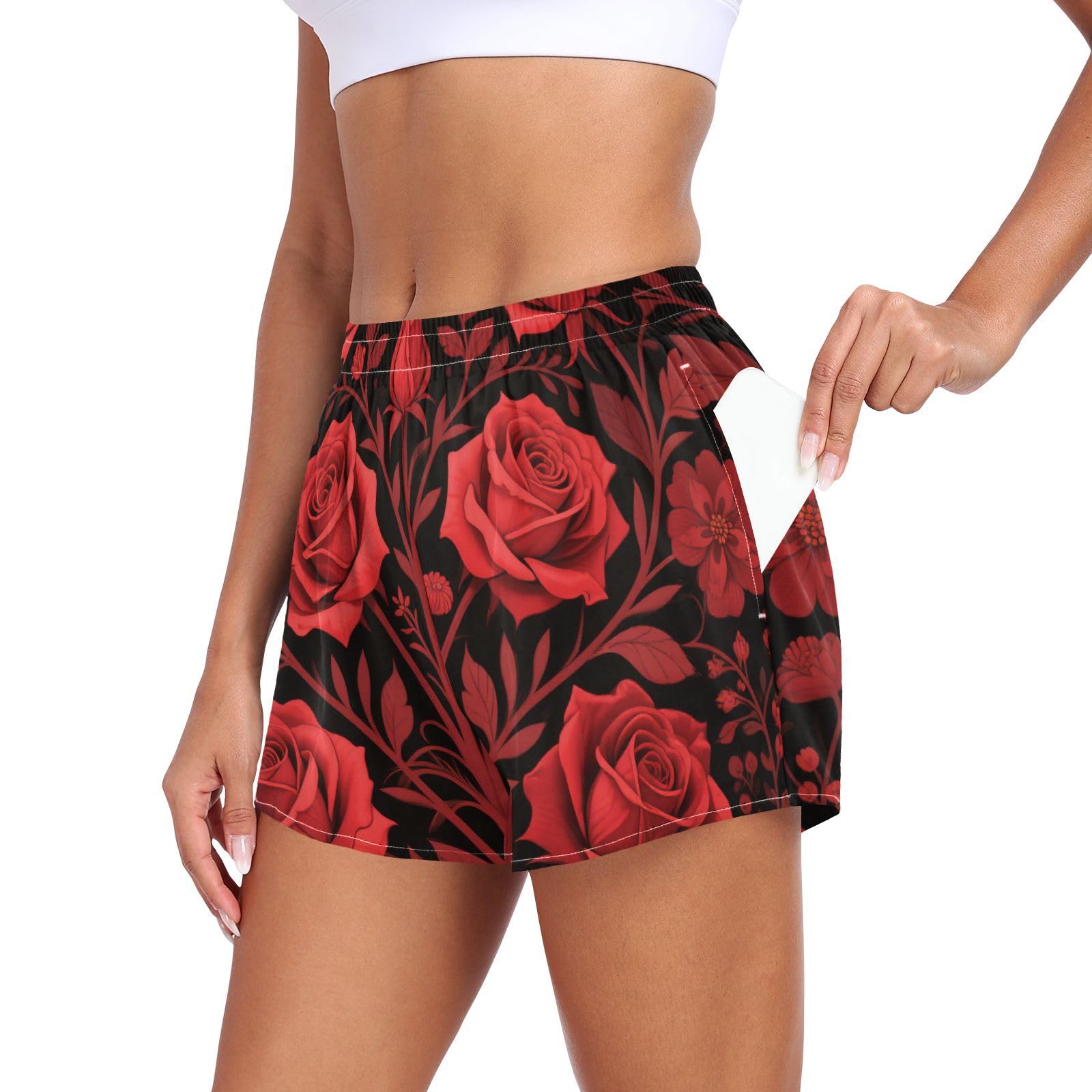 EtherSpher Gothic Red Roses Womens Athletic Shorts Elastic Waisted Girls Athletic Sweat Shorts for Running Yoga Sports Beach Short para Mujer L