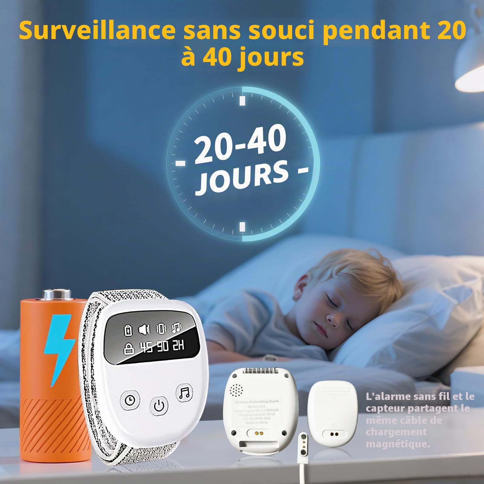 Alarme d'énurésie nocturne sans fil pour enfants et adultes, alarme d'énurésie au lit rechargeable pour enfants, dispositif d'apprentissage de la propreté nocturne pour garçons et filles, dispositif
