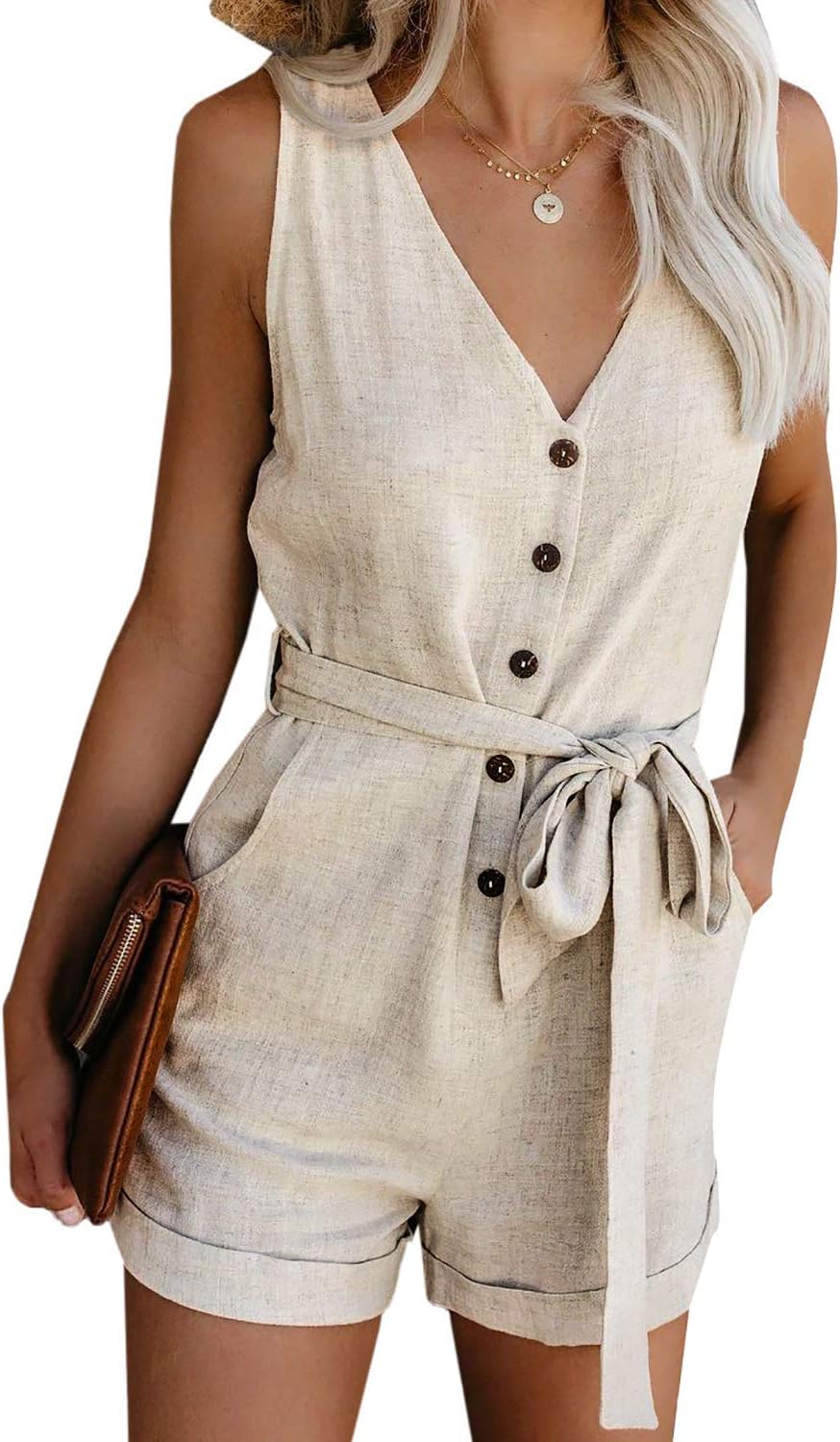 VRESDi Womens Jumpsuits for Summer Elegant Overall Short Palysuit Beige