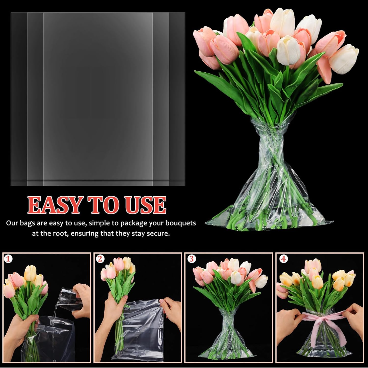 DOITOOL Flower Bags for Bouquets Water Retainer Sleeves 50-Pack Clear Pe Flower Water Bags 9.64X7.87 Inch Fresh-Keeping Bouquet Sleeves for Floral Transport and Event Use