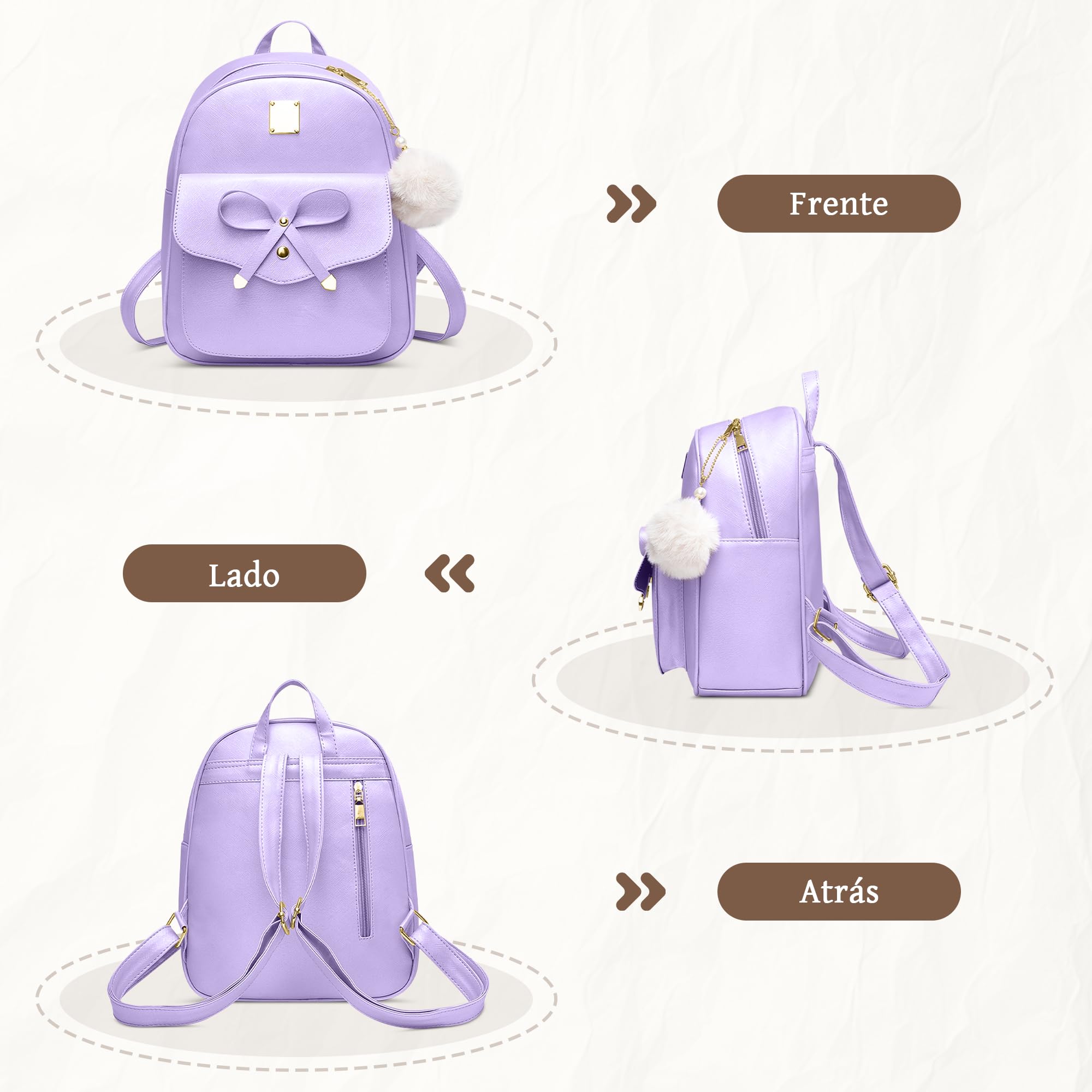 Mochila Mujer Pequeña Set 3 Piezas Bolso Bandolera Monedero PU Cuero Mochilas Antirrobo Elegante Bolsos Mochila Niñas con Lazo para Viaje Trabajar Fiesta