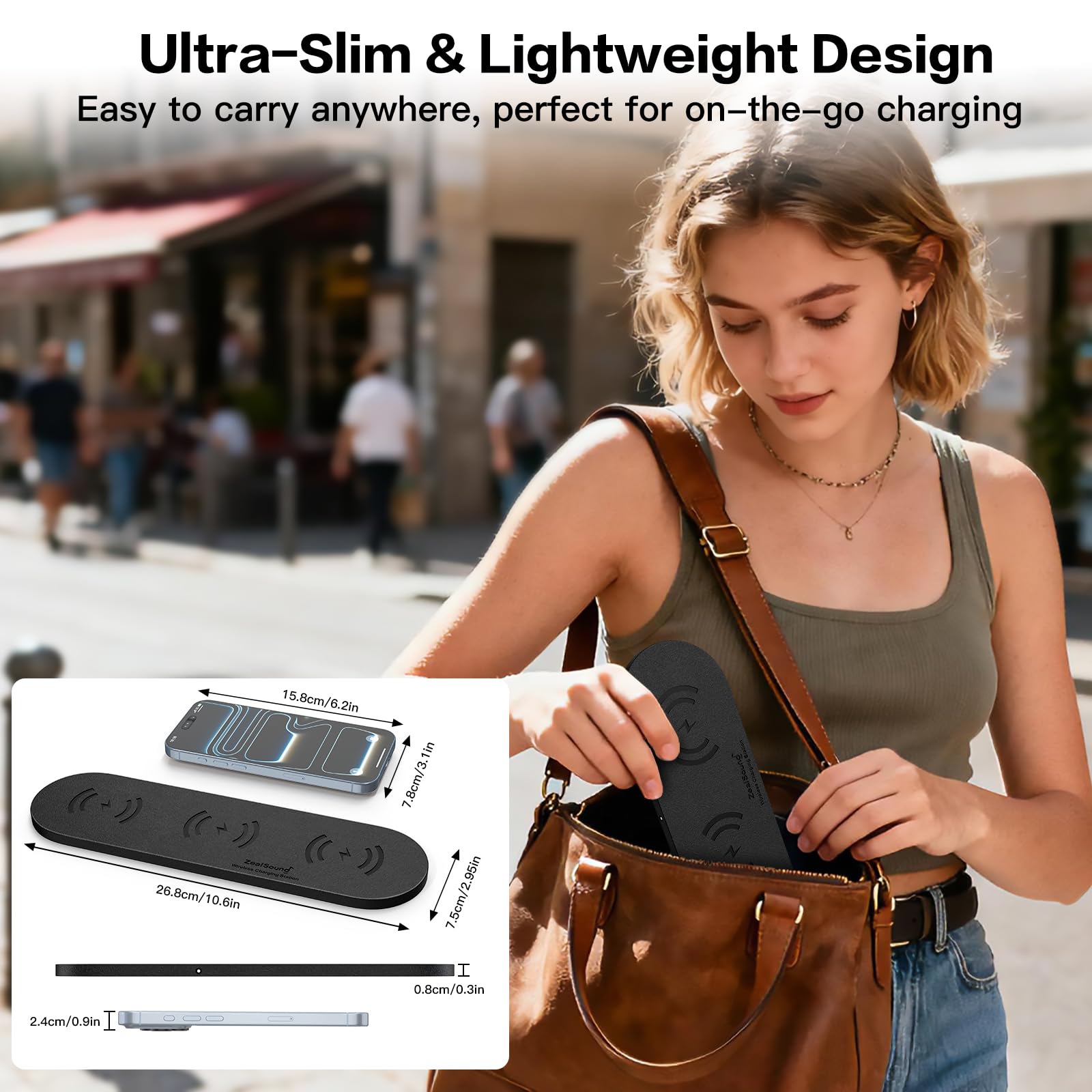 ZealSound 3-in-1 Wireless Charger Pad for Multi Devices - Ultra-Slim PU Leather Triple Wireless Charging Mat for Smartphones & Earbuds, Compatible with iPhones, AirPods, Galaxy Buds, Incl. 36W UK Plug — view 6