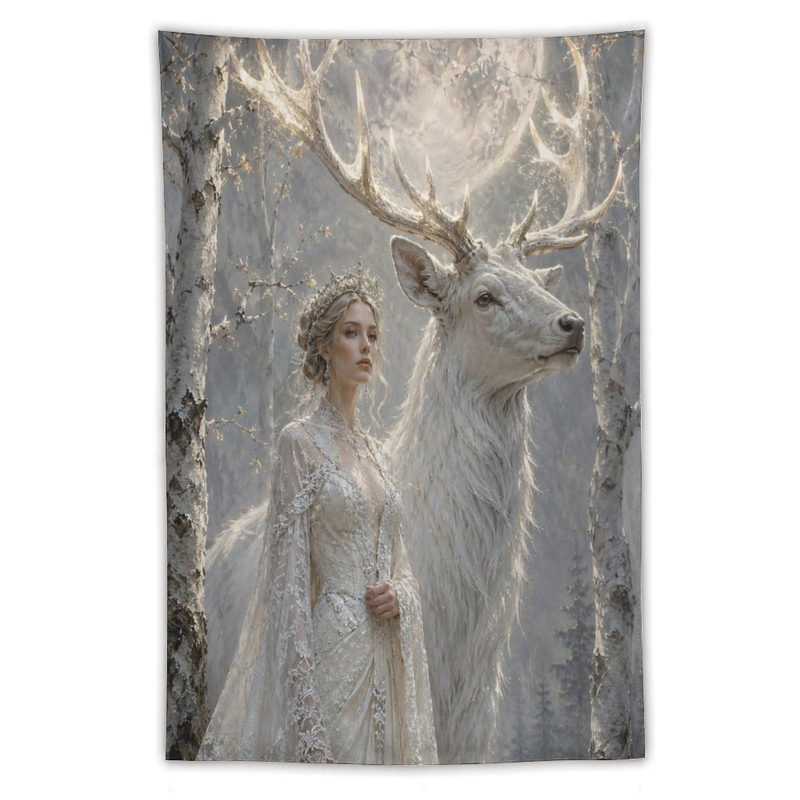 H3B8U2Y5 White Deer Woman Wall Tapestry, Fantasy Illustration, Backdrop