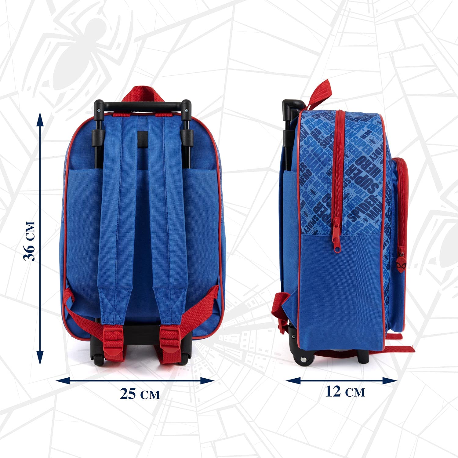 PERLETTI Spiderman Sac à Dos avec Roues pour Enfant - Sac à roulettes Amovible Garçon Bleu et Rouge École Maternelle - Cartable Léger Marvel Super Héro Homme Araignée Voyage Losisir - 36x25x12 cm