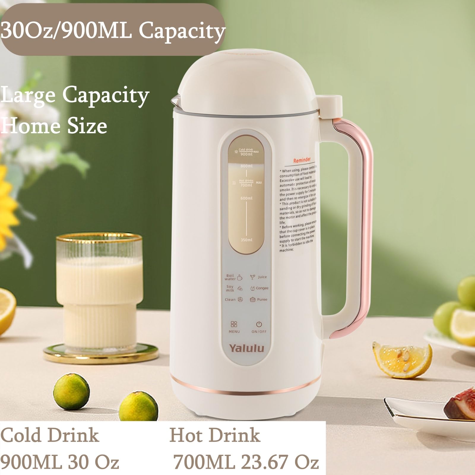 6-in-1 Multi-Functional 30Oz/900mL Nut Milk Maker Machine, Smart Automatic Cold/Hot Homemade Plant-Based Soy Beverages Machine, Juicer with Mesh Strainer, Keep Warm, Free Filtering, Self Cleaning