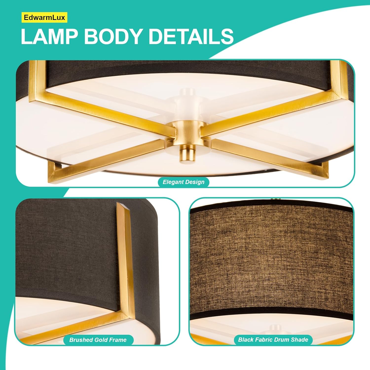 Edwarmlux 3-Light Semi Flush Mount Ceiling Light Fixture, 13.7" Gold Drum Light with Black Fabric Shade, Modern Close to Ceiling Lamp for Living Room Bedroom Dining Room Kitchen Hallway Entry Foyer