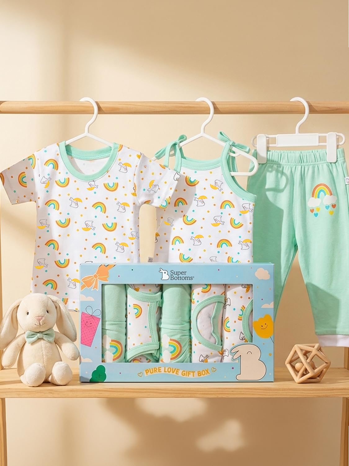 SuperBottoms Pure Love Gift Box for Newborn (0-6 Months) | Clothing Set | (White & Green) Thoughtful Gift Set for Newborn | Unisex Gift Set for Baby Boy & Baby Girl | Premium Cotton Baby Clothing (5P)-image-14