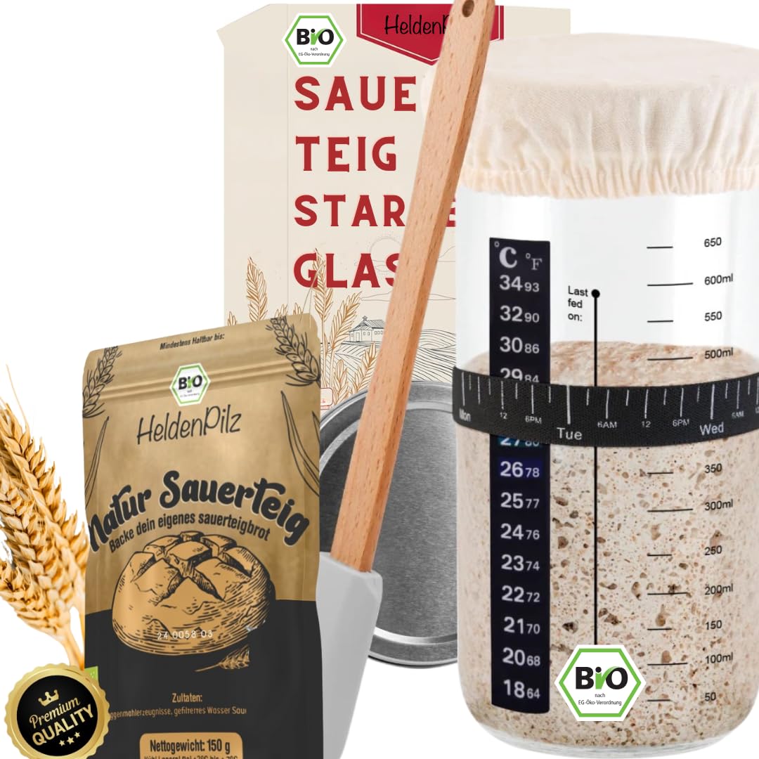 HeldenPilz® BIO Dinkelsauerteig Set mit Gärglas (600ml) – Dinkelbrot selber backen ohne Hefe | Frischer Sauerteig + Spatel + Thermometer | Komplett-Set mit Anleitung & Rezepten
