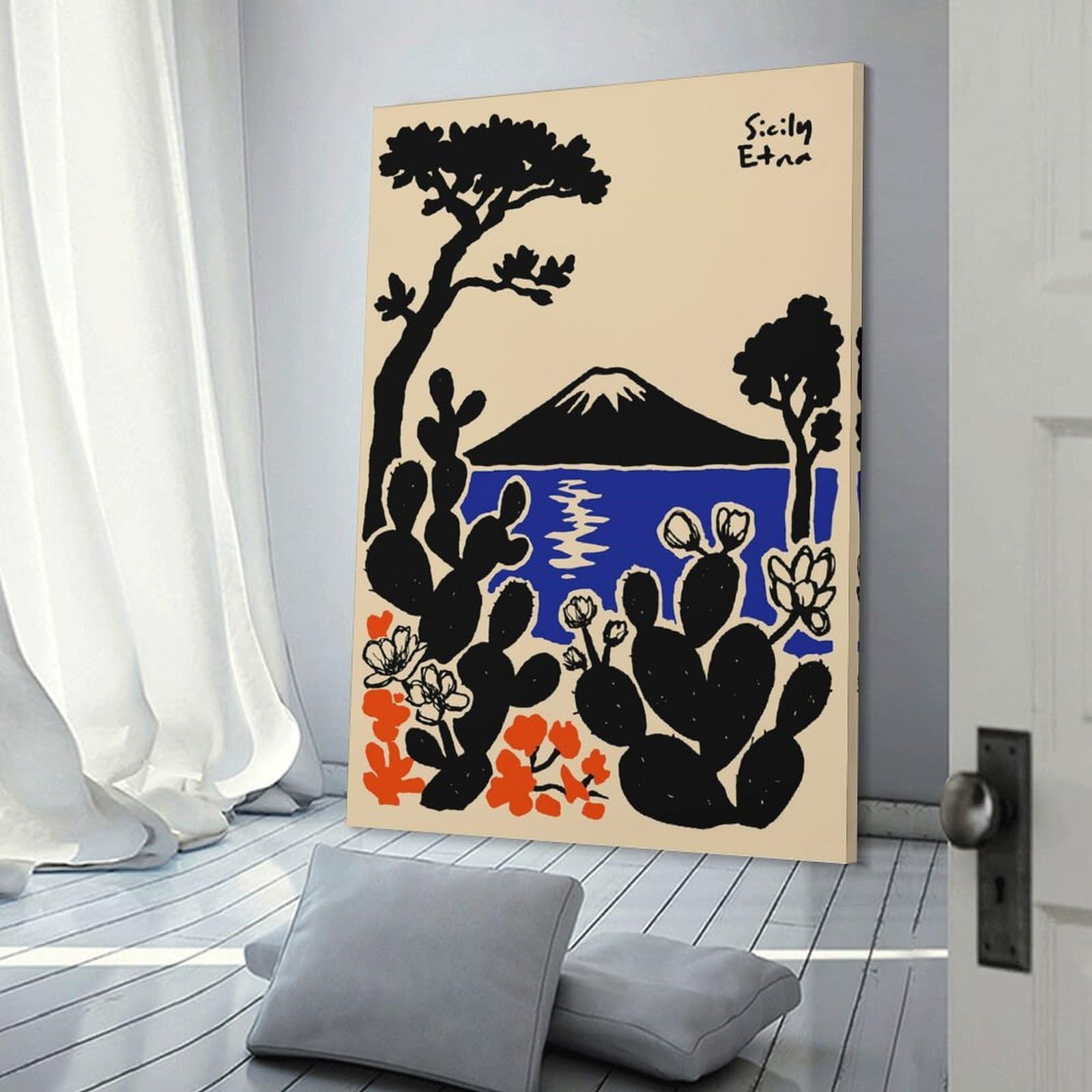 Junmoney Sicily Etna Landscape with Cacti Room Decor Wall Art, 20x30inch(50x75cm), for Bedrooms, Workspaces And Everyday Interiors, An Adaptable Decor Piece for Home Use
