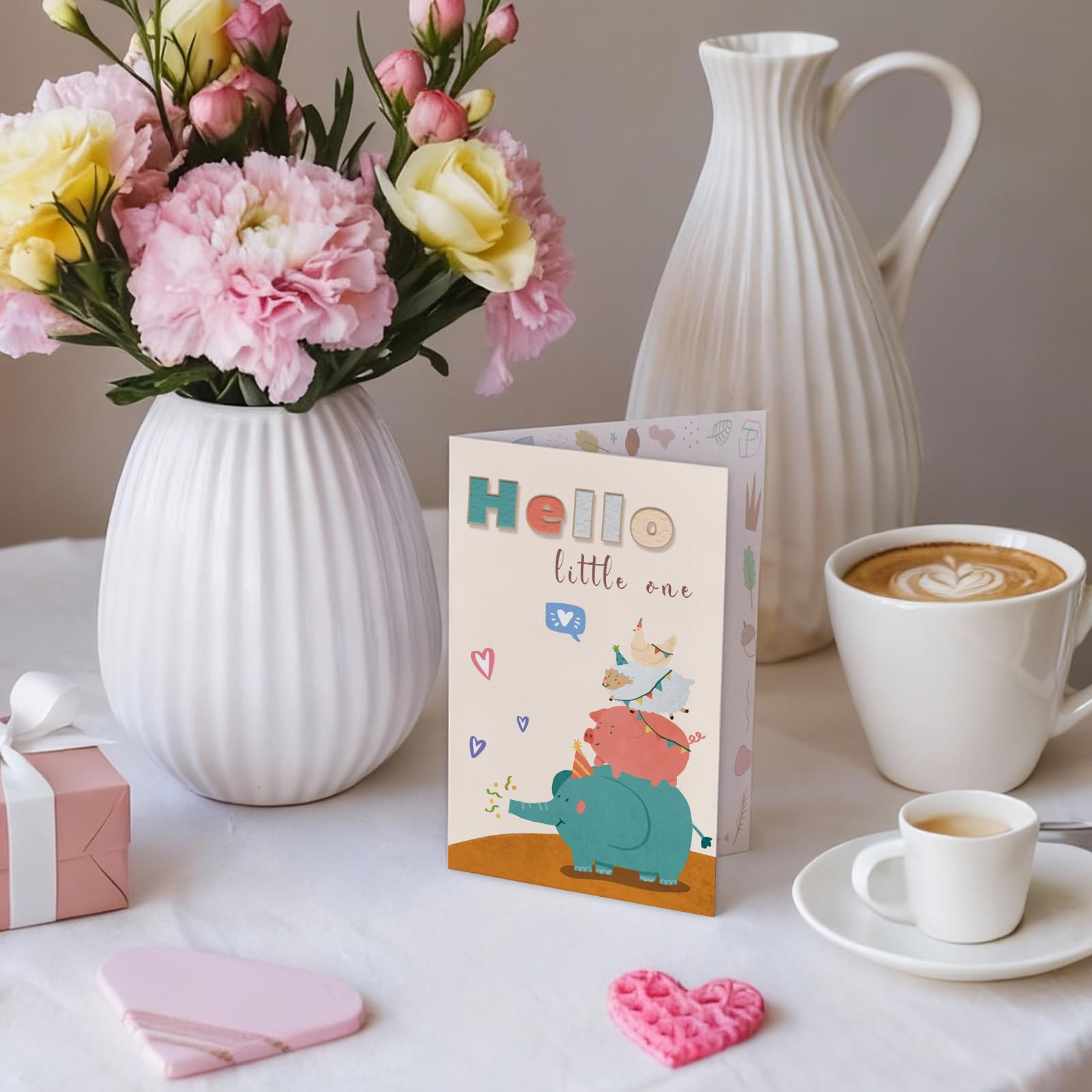 Zabawna kartka na baby shower dla chłopca dziewczynki, urocza nowa kartka dla nowych rodziców, prezenty ujawniające płeć, Hello Little One