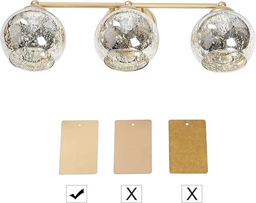 Miniatura 9 de ZEVNI Lámpara de tocador de baño dorada, modernas luces de baño de 3 luces sobre espejo con globos de vidrio de mercurio, 21 x 7 x 8 pulgadas