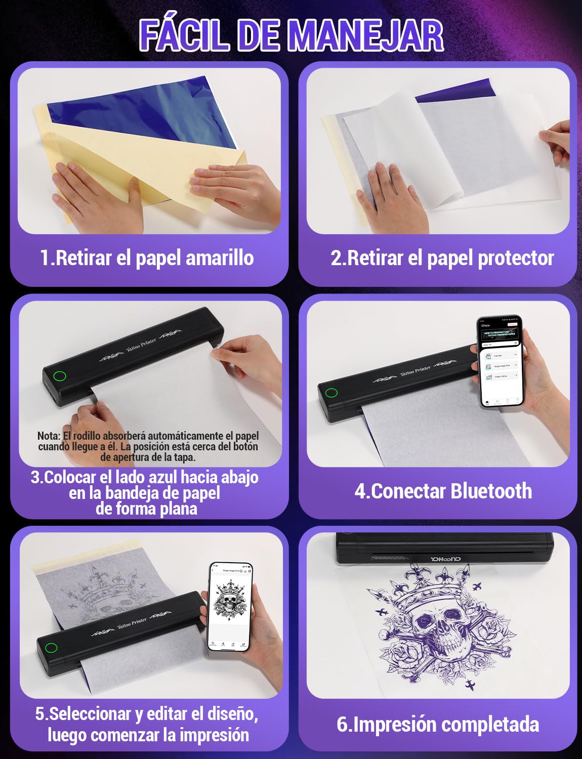 YOHOOLYO Termocopiadora Tattoo Bluetooth Impresora Termica Tattoo Portatil 203 DPI Compatible con Smartphones Tabletas Incluye 10 Hojas de Transferencia para Tatuadores Principiantes
