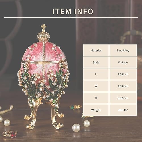 Miniatura 3 de FASSLINO Cajas de joyería rosa para baratijas Faberge Egg Enamel Pintado a mano, soporte para anillo de almacenamiento, caja de recuerdo, colección