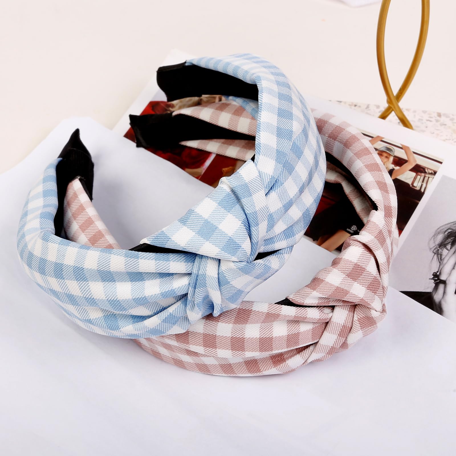 Plaid Headbands for Women Wide Thick Comfortable Non Slip Checkered Fashion VELSCRUN 5 Pcs Plaid Headbands for Women - Wide Knot Top  main image 3