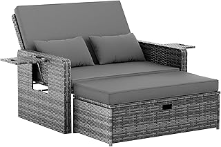 Amopatio Rattan Gartenlounge Outdoor Set, 2-Sitzer Gartensofa mit Verstellbarer Rückenlehne und Stauraum, Wetterfestes Lounge Möbel für Balkon und Terrasse, mit Hocker und Kissen, Grey
