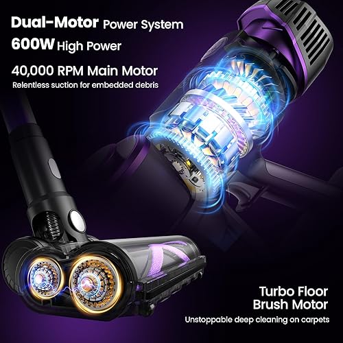 Miniatura 2 de Aspiradora inalámbrica, 600W 65KPA Aspiradora de doble motor para el hogar con succión automática AI, 70 minutos de funcionamiento, aspiradoras de