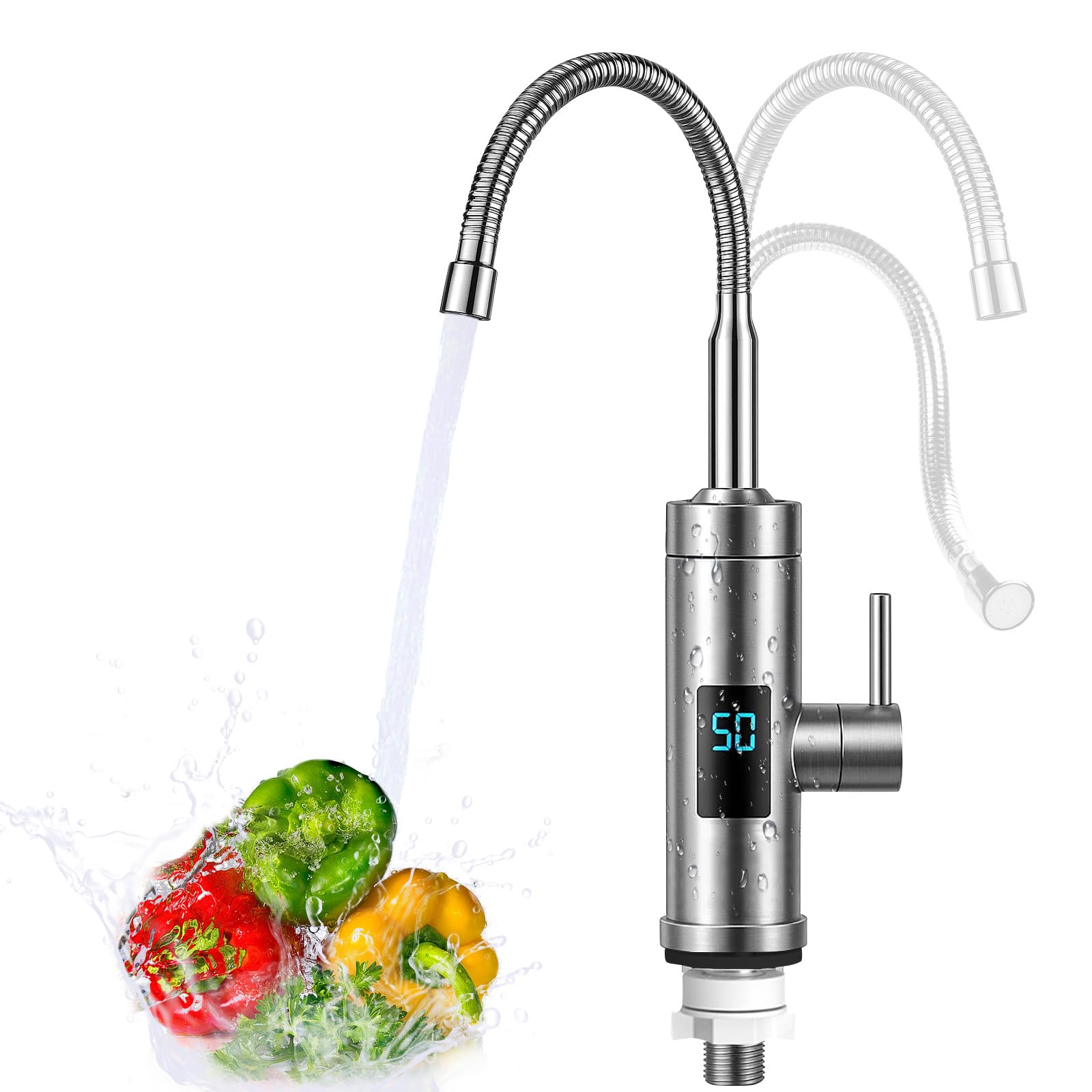 Robinet avec Chauffe-eau Instantané, 3000W Inoxydable Chauffe-eau Electrique, 360° Affichage de la Température LED, Chauffe-eau pour Cuisine et Salle de Bain pour Caravane de Jardin Potager, Max. 60℃