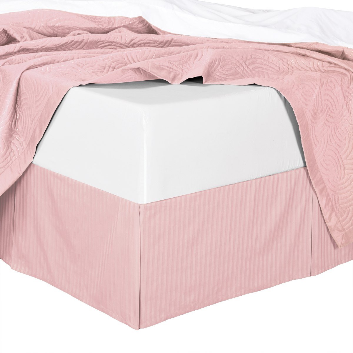 300tc Cotton Stripes Pleated Tailored Bed Skirt with 15 Inches Drop and Split Corners (King, Blush)