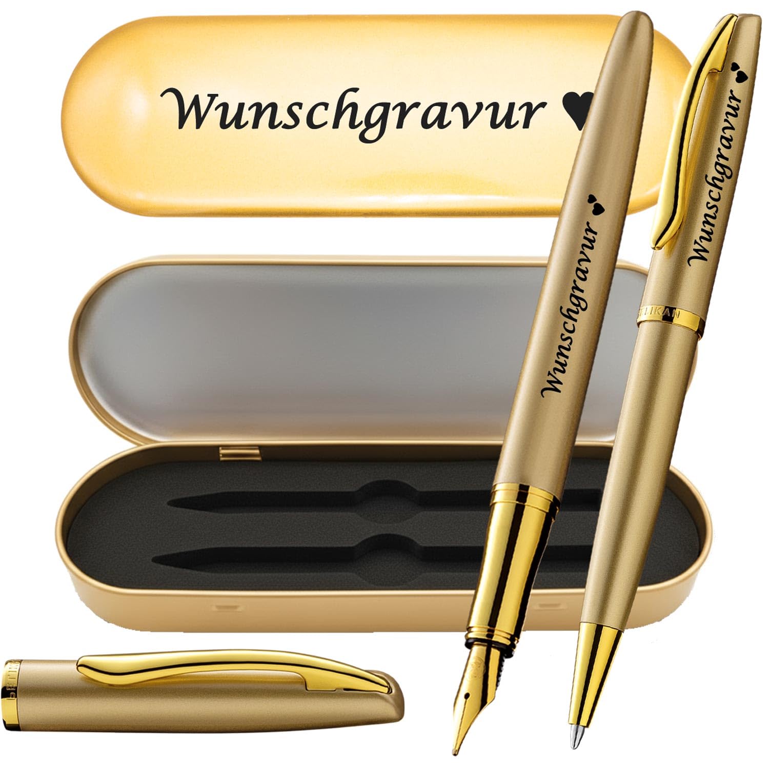 Pelikan Füller & Kugelschreiber Jazz® Noble Elegance im Set mit Wunschgravur | inkl. Geschenkeuti | Emoji Gravur | Gold Gelb Schreibset mit Gravur PS203