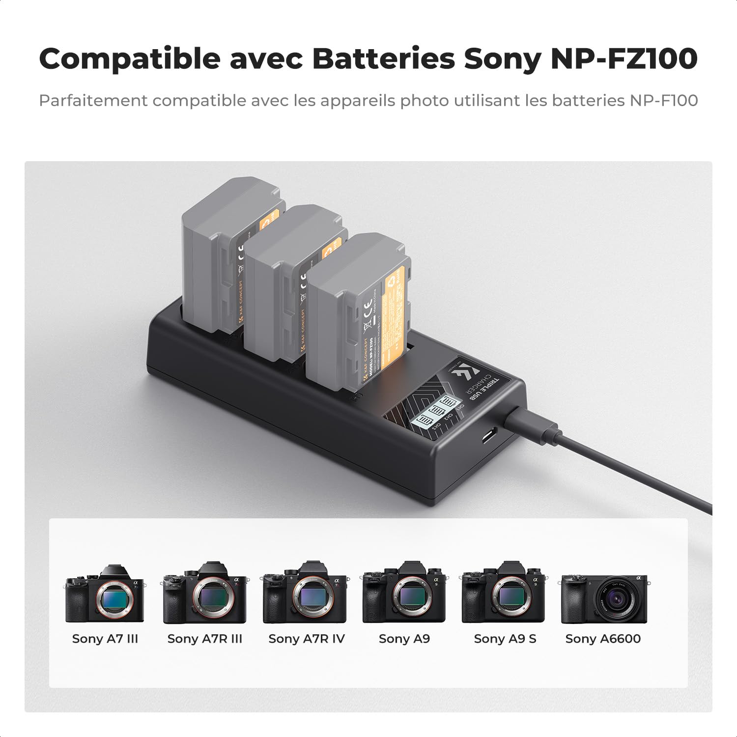 K&F CONCEPT NP-FZ100 Chargeur, 3 Slot Batterie Chargeur avec Écran LCD Compatibles avec Sony A7iii A7iv A7Rv A6700 A6600 A9 A1 FX3 FX30 ZV-E1 Caméras