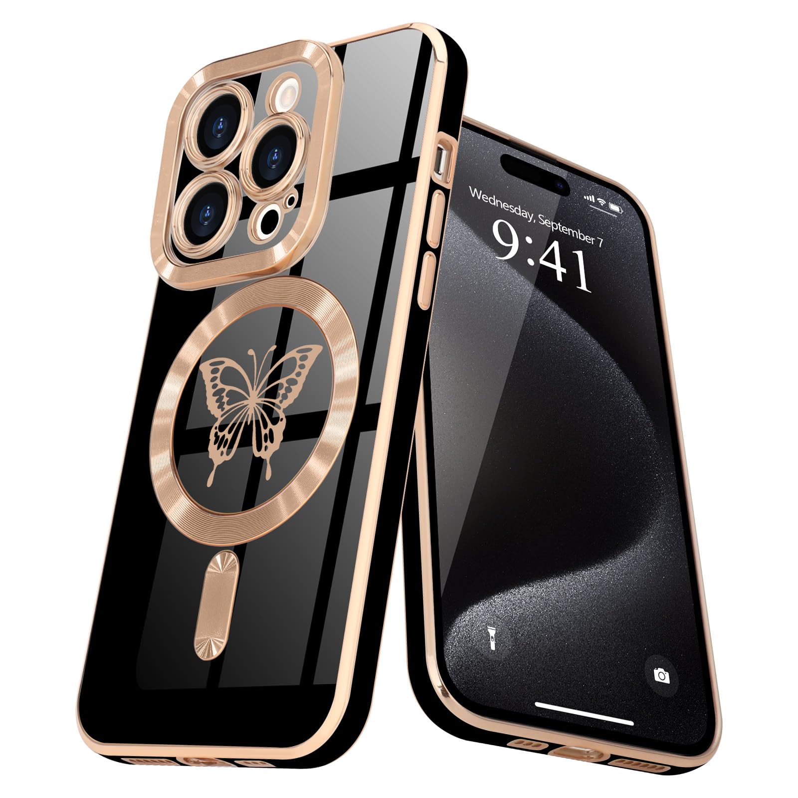 Lafunda Magnetic for iPhone 15 Pro Max Case for Women Girls, [Compatible with MagSafe] Cute Butterfly Shockproof Camera Protection Silicone Bumper