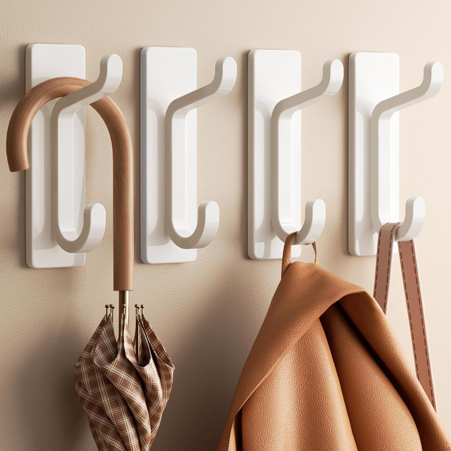 pickpiff Stick on Hooks for Hanging: Extra Srong 6KG (Max), Coat Hook on Door for Towel Coat Hat Key, Heavy Duty, Self Adhesive Hangers Wall Mounted, White 4 Pack