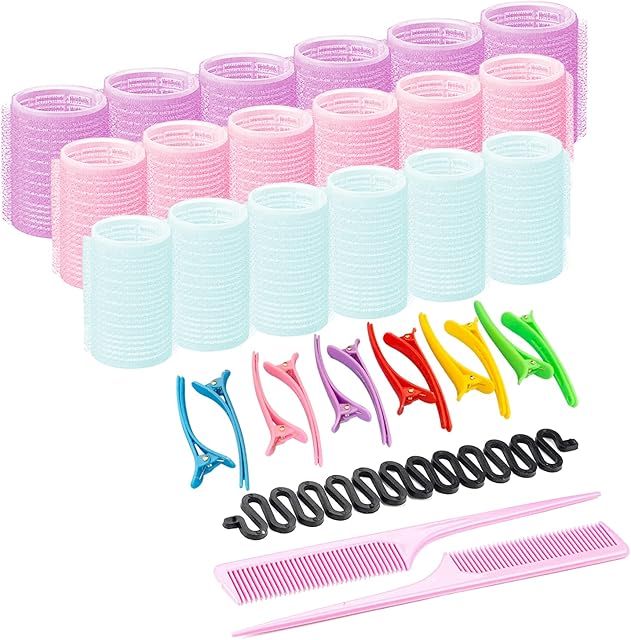 Bellucci 33 Pieces Hair Rollers Set-Self Grip Curler Rollers- 18 Pieces Rollers of 3 Different Sizes Which Includes 44mm, 30mm and 22mm-12 Pieces Duckbill Sectioning Clips-2 Combs and a Braid