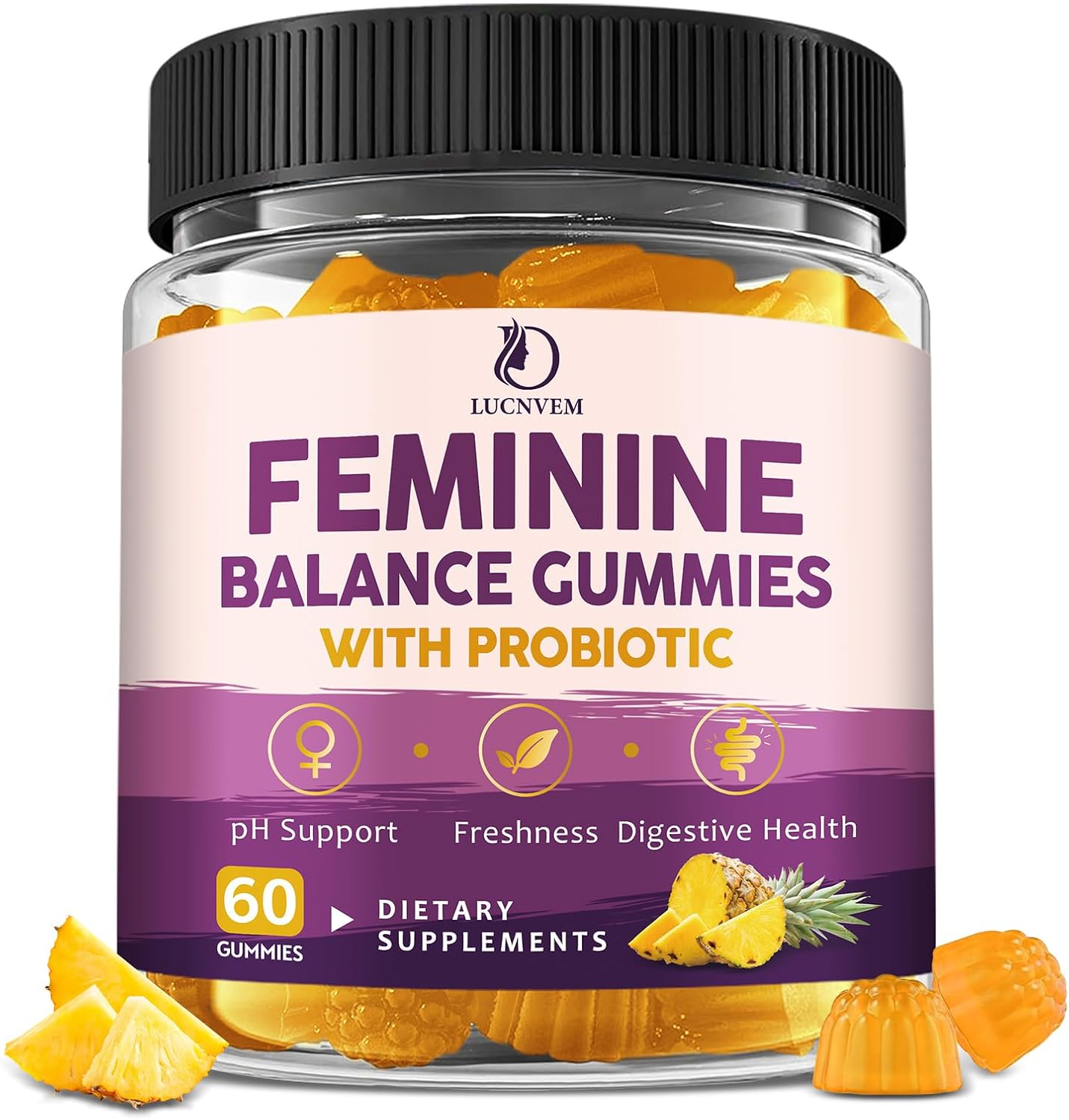 Feminine Balance Probiotic Gummies for Women – Support Vaginal Health, pH Balance, Freshness & Digestive Health – with Pineapple, Slippery Elm, Cranberry, D-Mannose – Sugar-Free, Pineapple Flavor