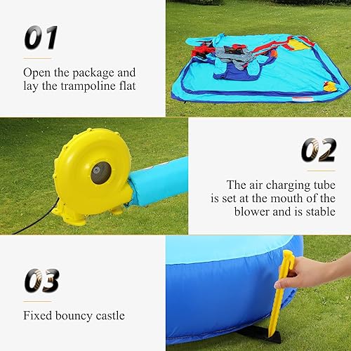 Miniatura 7 de Parque inflable de toboganes acuáticos, toboganes acuáticos inflables para niños, pared de escalada, 2 toboganes, área de chapoteo y trampolín,