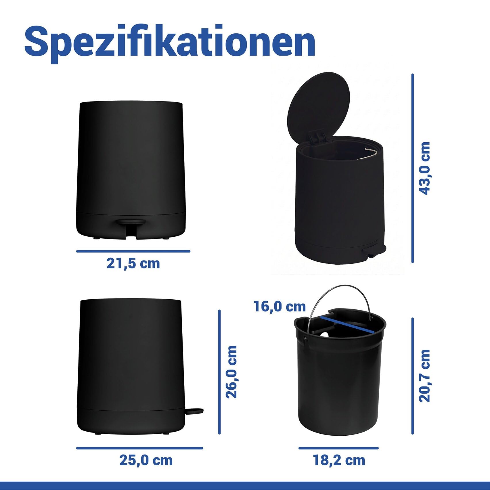 WENKO Kosmetik Treteimer Mod. Fablo aus Kunststoff, Soft-Touch-Beschichtung, Bad-Mülleimer 5 L, Abfalleimer mit Easy-Close Absenkautomatik und Einsatzbehälter, für Bad, Küche oder Büro, schwarz matt