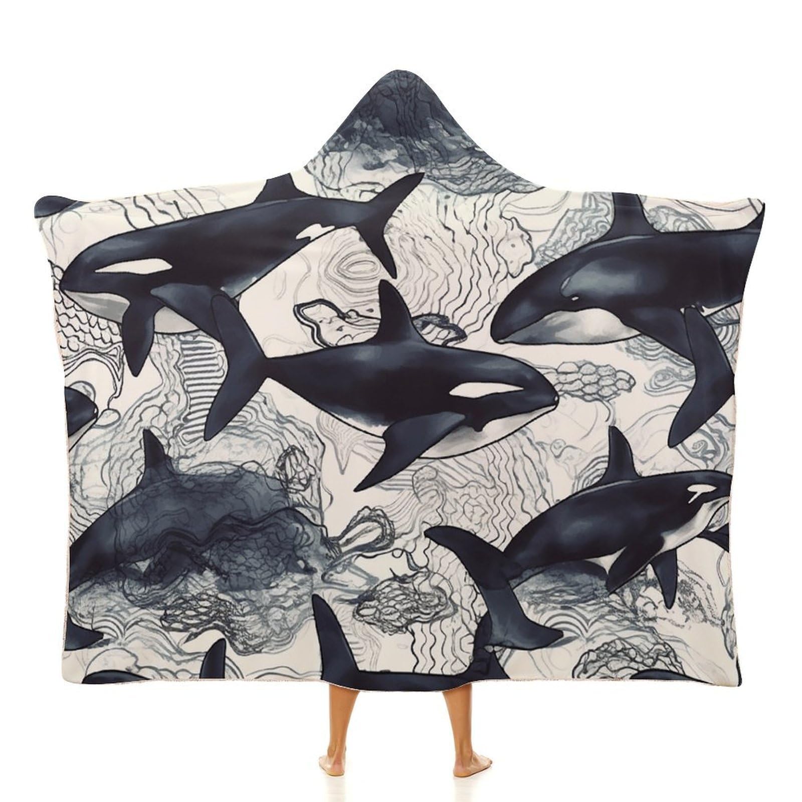 Tkjmcsw Unisex White Killer Whale Wearable Blanket Hoodie For Women Men Oversized Soft Fleece Blanket Sweatshirt Cozy Poncho-40 X50