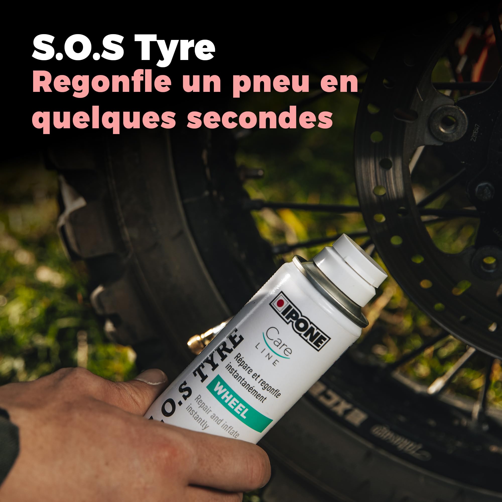 IPONE – Kit Crevaison & Entretien Moto : Bombe Anti-Crevaison, Graisse Chaîne 800 km, Nettoyant Casque + Lingette – Pochette Étanche Compacte Voyage Moto