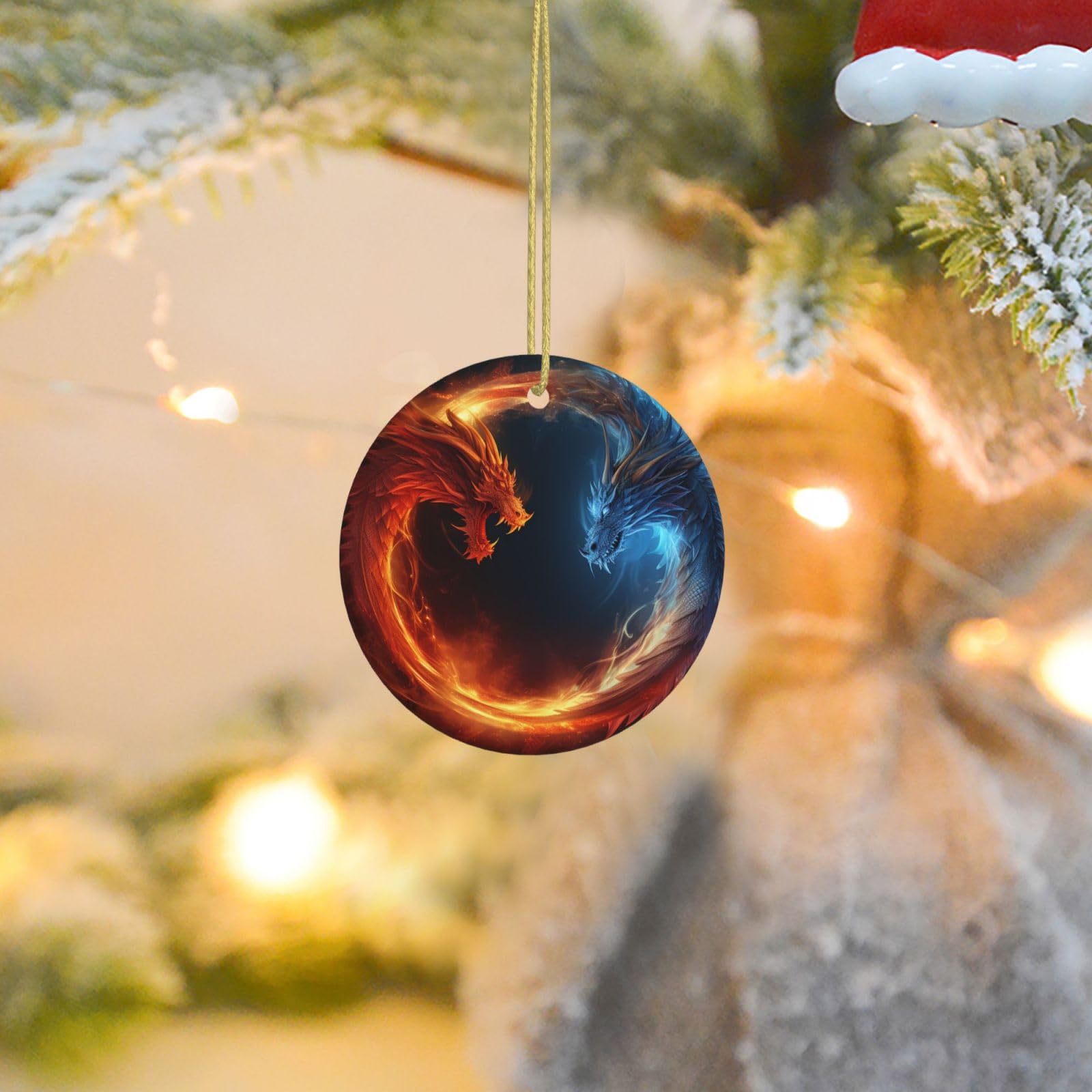 Christmas Tree Ornaments Ceramics Christmas Round Decorations Fire and ice Dragons Ceramics Ornaments Circle Pentagram Xmas Tree Hanging Pendant for Christmas Tree Party Holiday Home Decor