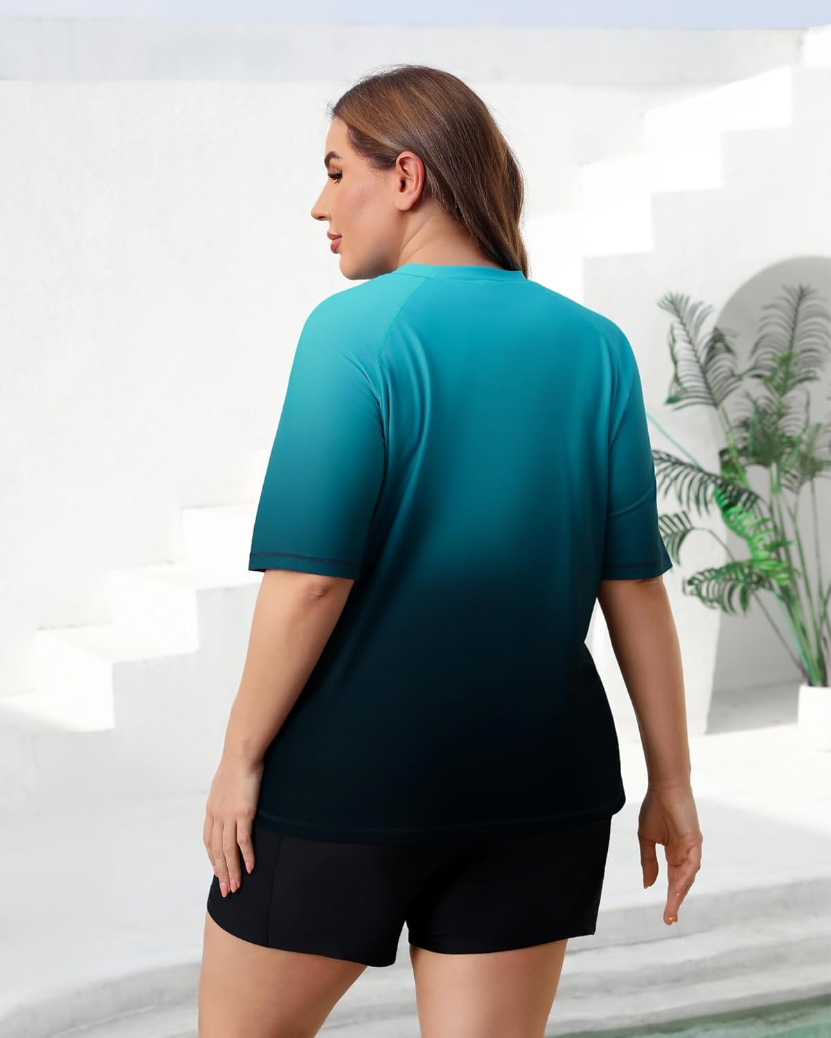 Halcurt Women's Plus Built in Bra Rash Guard Two Piece Swim Shirt and Pockets Boyleg Shorts - Image 2