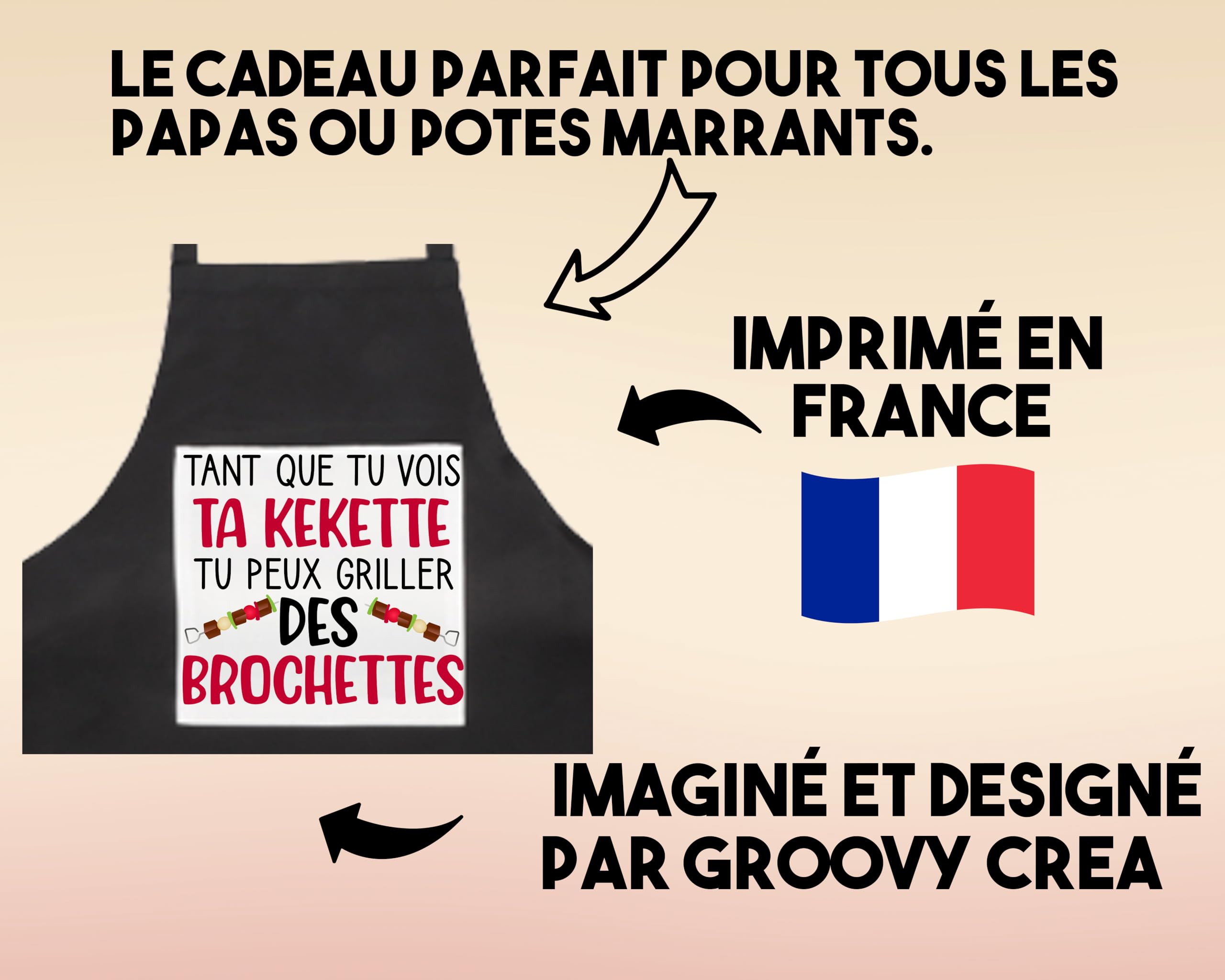 Tablier humour homme barbecue – Cadeau drôle papa beauf ou pote marrant – Phrase rigolote brochettes – Idée cadeau EVG, fête des pères – Imprimé en France