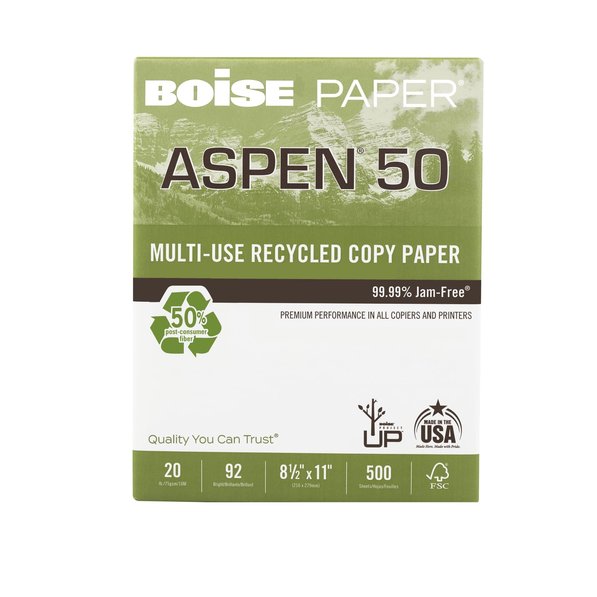 Boise® ASPEN® 50 Multi-Use Printer & Copy Paper, 1 Ream, White, Letter (8.5" x 11"), 500 Sheets Per Ream, 20 Lb, 92 Brig