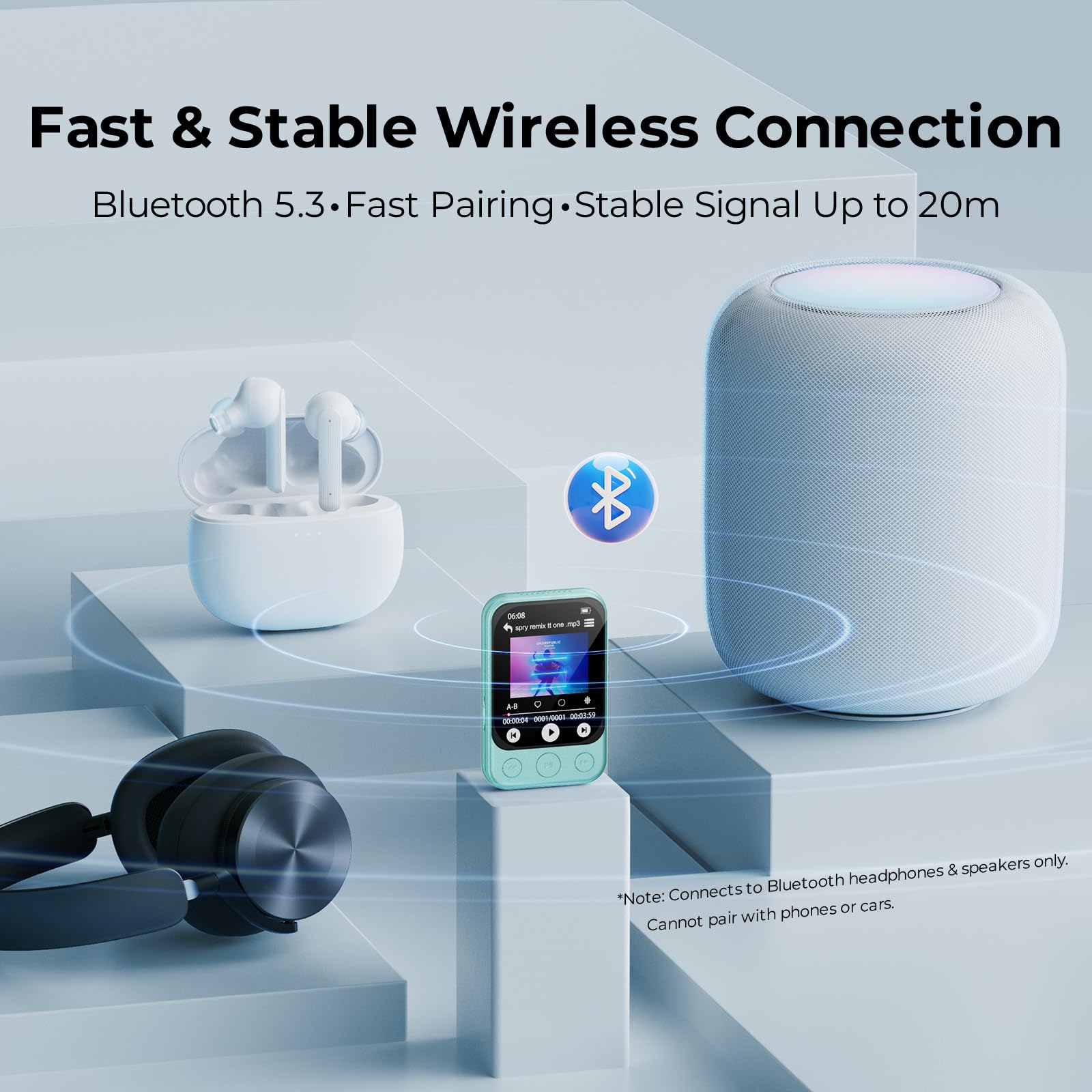 Lettore MP3 64GB Bluetooth 5.3 con Clip, Touchscreen & Tasti, Altoparlante | Musica senza smartphone · Solo 37g · Facile da usare · Audiolibri & apprendimento · Timer di spegnimento