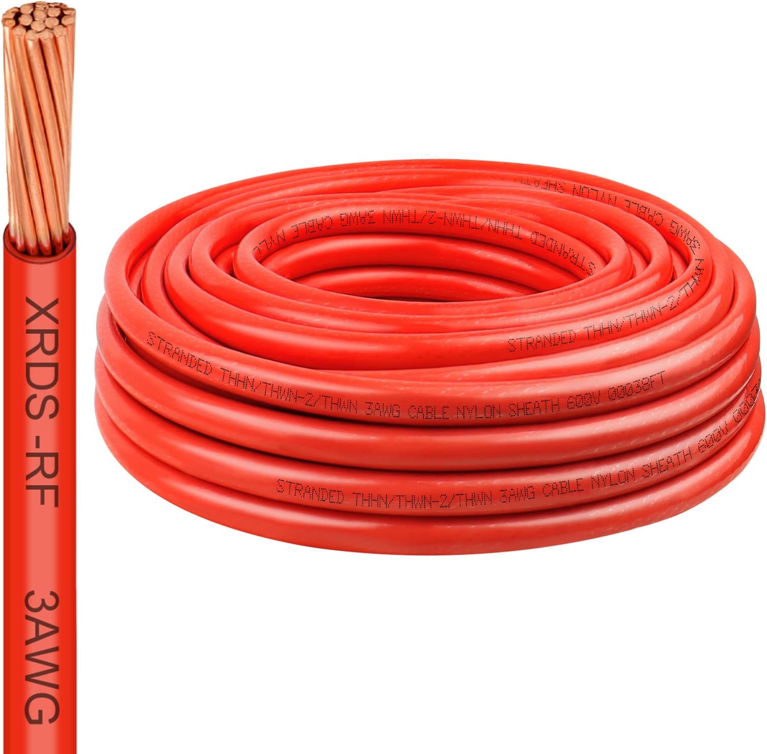XRDS -RF 3 Gauge THHN Wire, 25FT Red Stranded Copper Electrical Wire, 600V, Heat & Oil Resistant, Nylon Sheath Building Wire for Indoor/Outdoor Use
