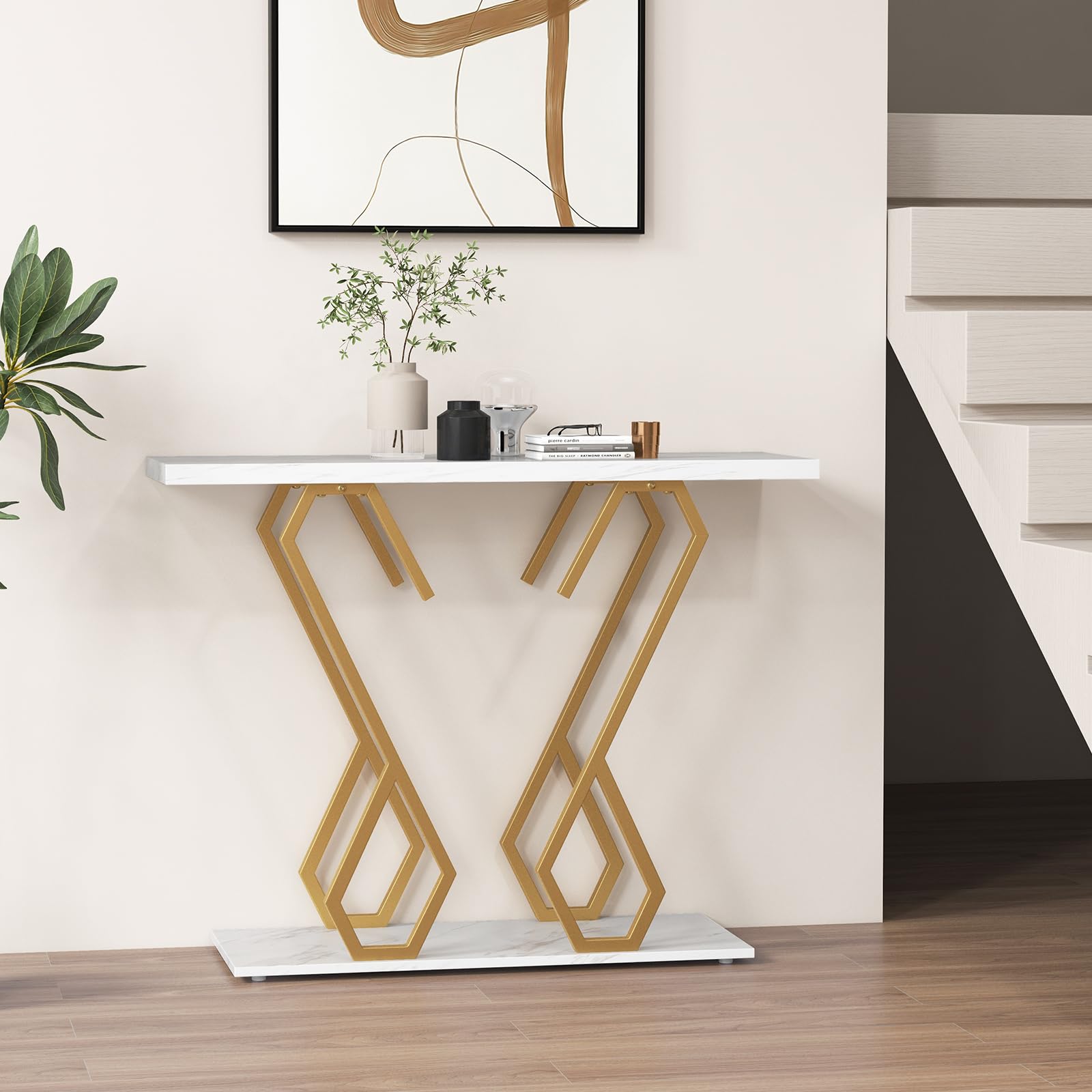 COSTWAY Tavolo Consolle 100cm, Tavolo d'Ingresso con Piedini Regolabili, Kit Antiribaltamento e Struttura in Metallo, Tavolino da Divano per Soggiorno, Ingresso e Corridoio (Bianco e Oro)
