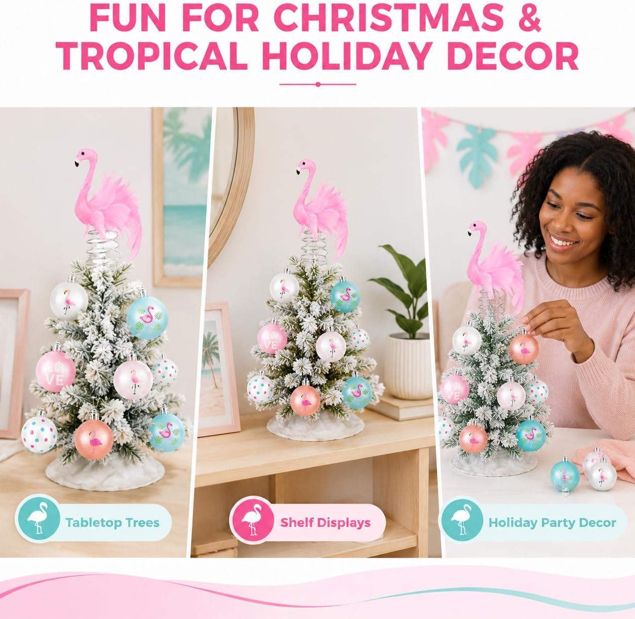 Mini Flamingo Tree Topper Set - with 12 Assorted Christmas Ball Ornaments