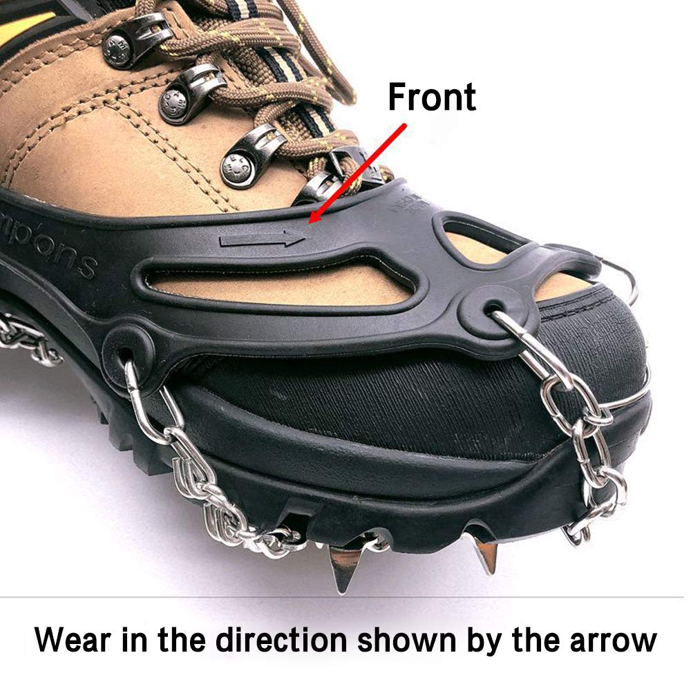 AnEssOil Ice Snow Grips Traction Cleats Upgraded 19 Spikes Crampons for Snow Shoes and Boots for Winter Trail Running, Hiking, and Ice Fishing (Black,L)