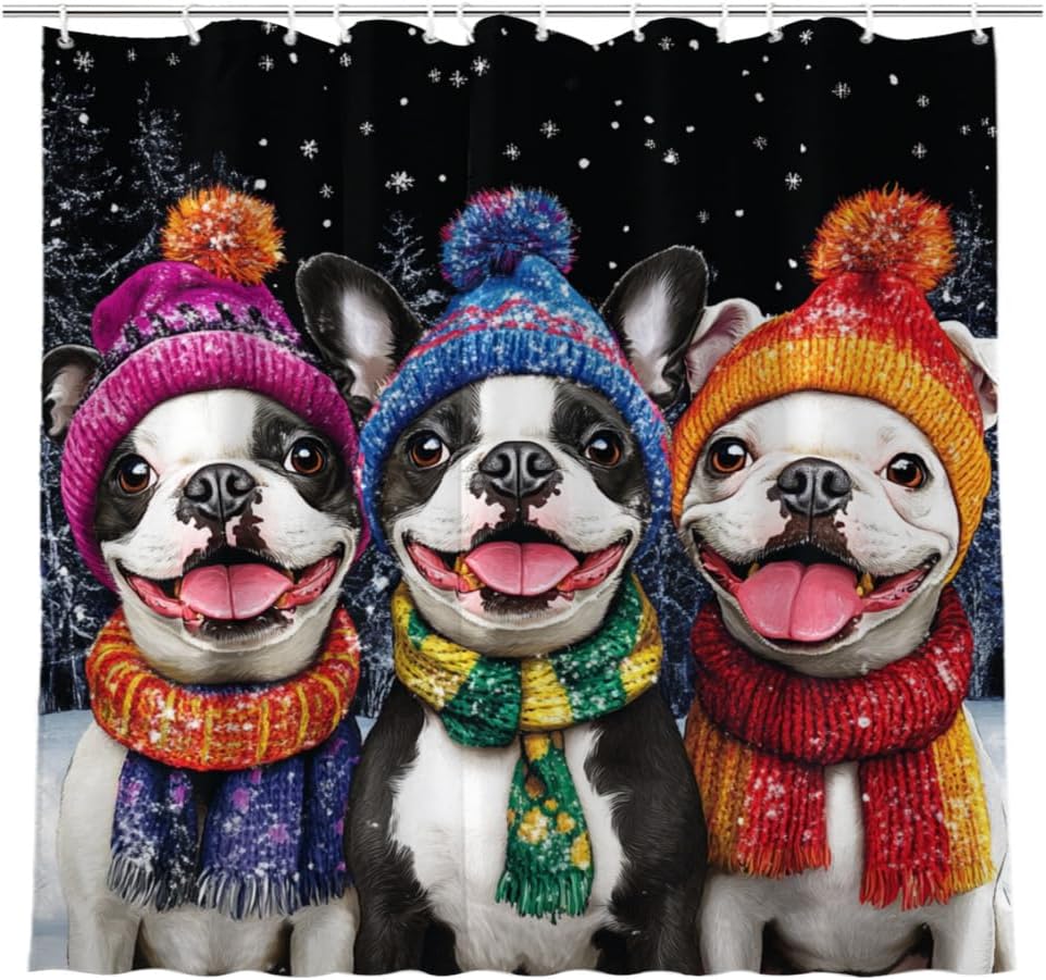 NGZ Winter 72x72 Inches Shower Curtain Christmas Shower Curtain, Cute French Bulldog Shower Curtains for Bathroom, Snow Fabric Bath Curtains Set with 12 Hooks