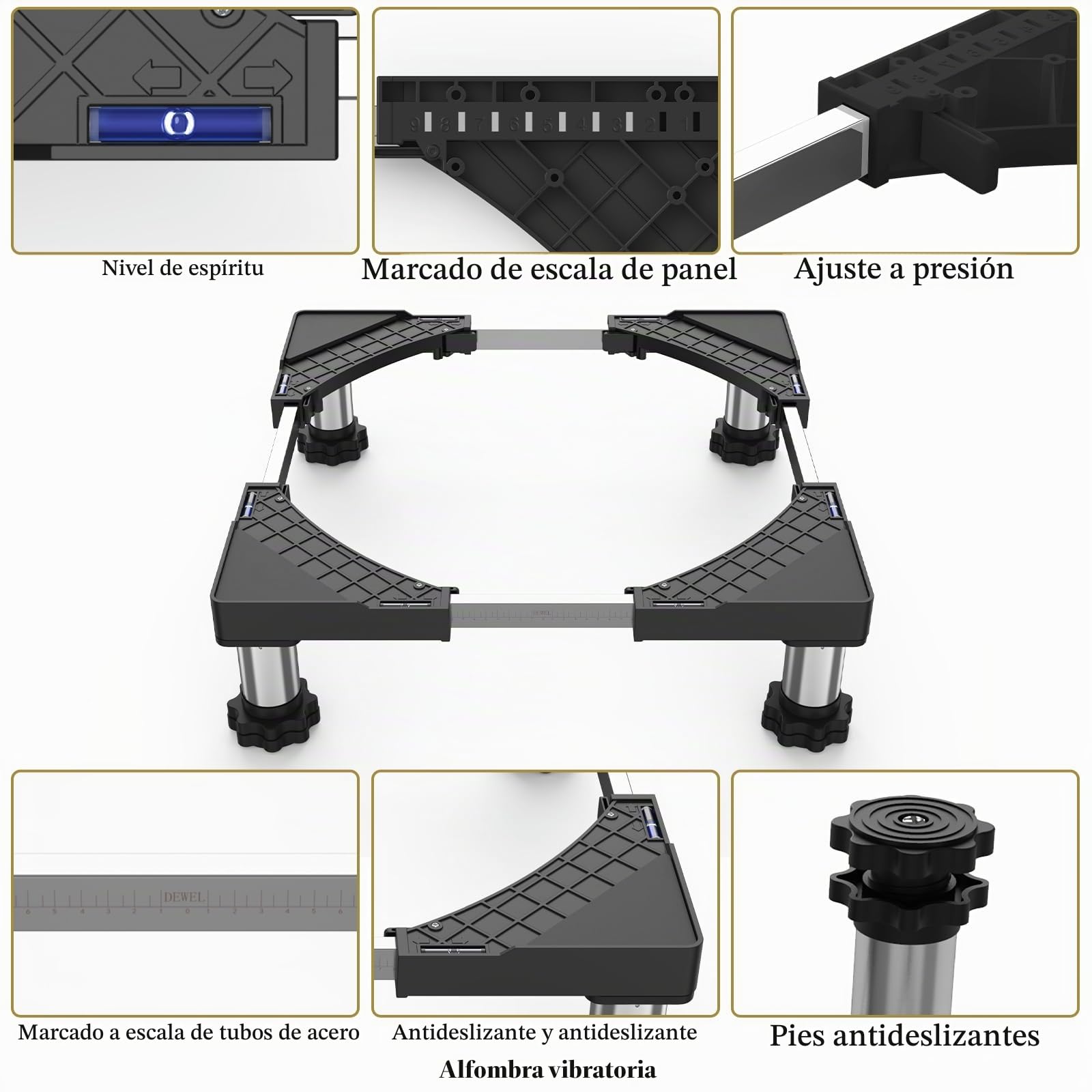 DEWEL Soporte Lavadora Ajustable para Lavadoras, Frigoríficos y Secadoras | con Cuatro Pies de Acero Inoxidable, Ancho Regulable 45-65cm, Altura 13-17cm, Carga Máxima 200 kg, Negro