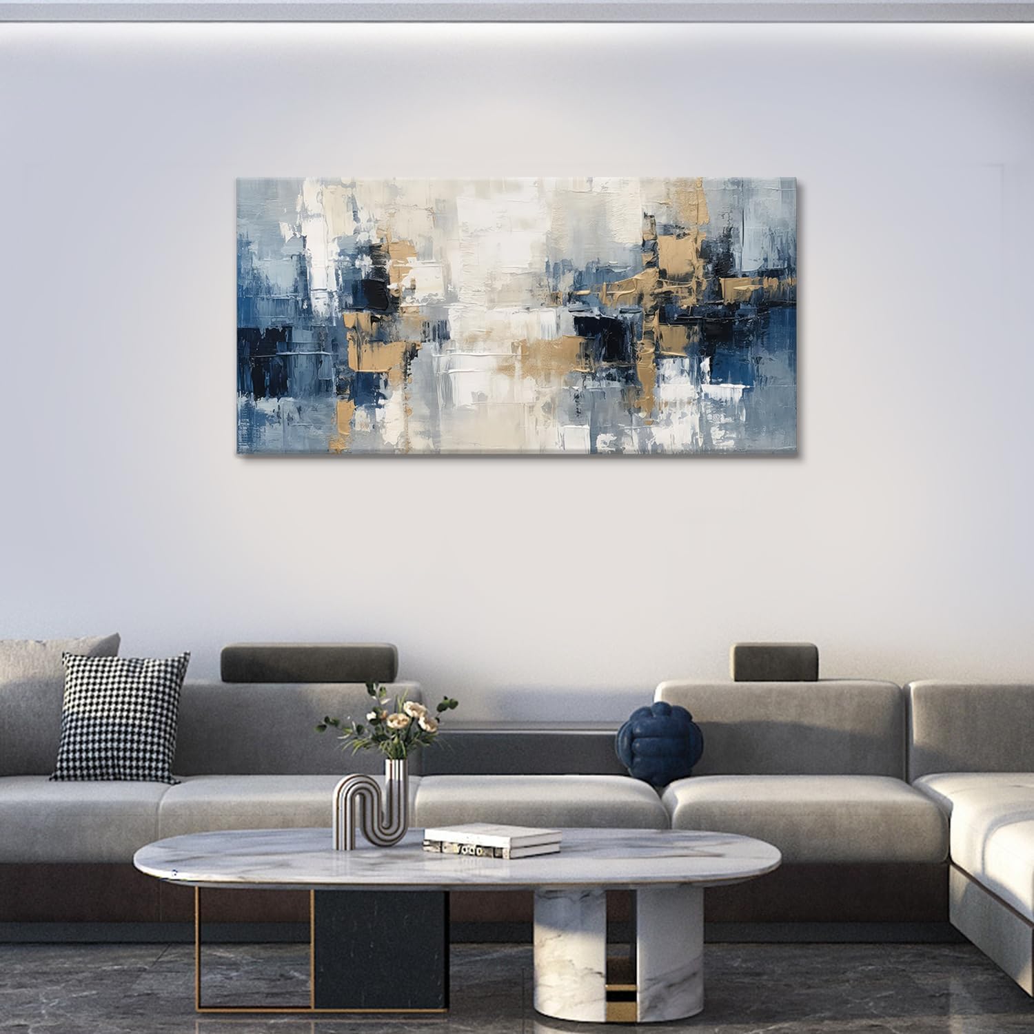 Extra Large Blue and Gold Abstract Canvas Painting Indigo Modern Wall Art Picture Artwork for Living Room Bedroom Home Office Decor
