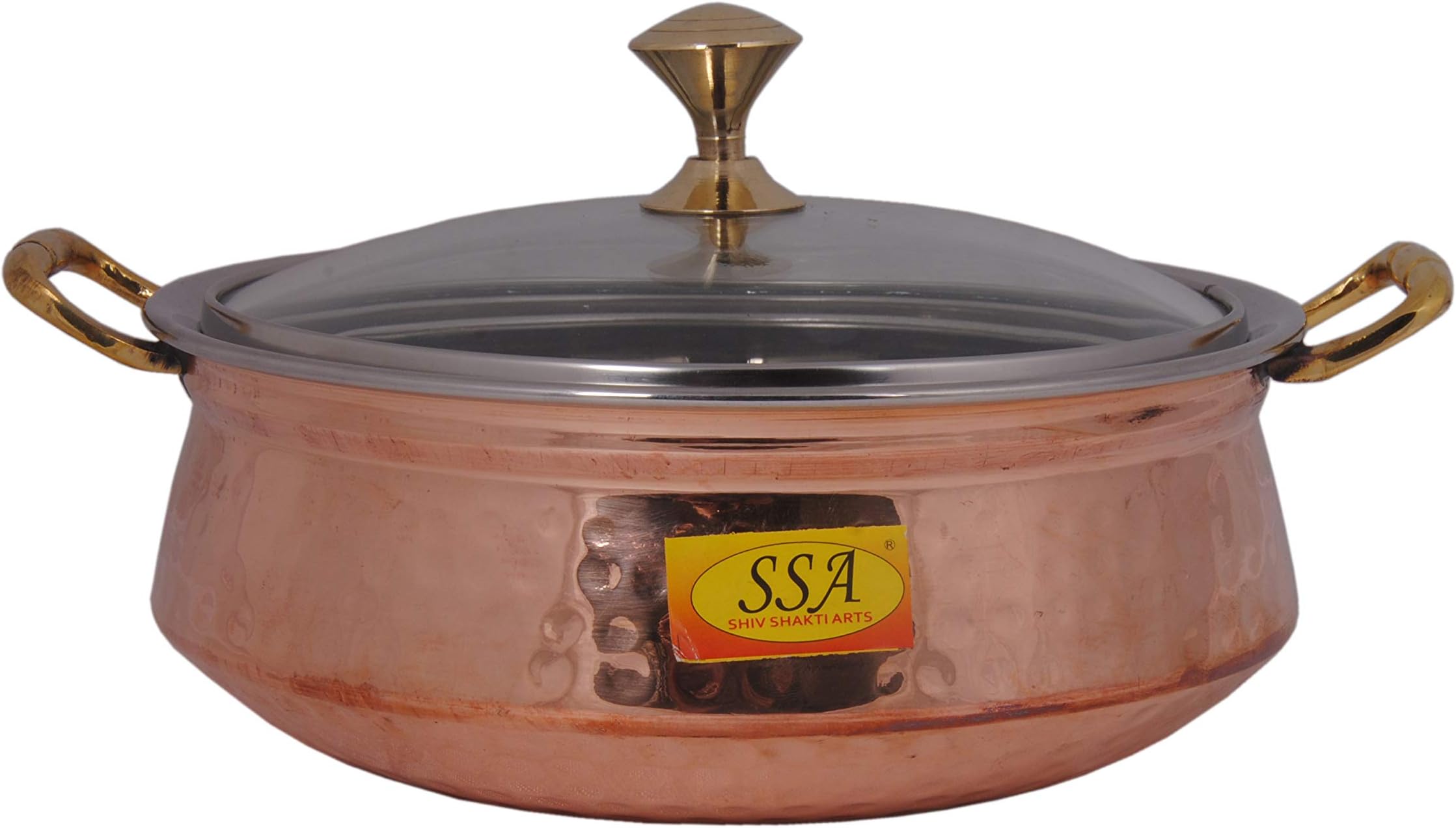 SHIV SHAKTI ARTS® Hammered Steel Copper Handi Bowl, with Lid & Handle Serving Indian Dishes Tableware(Brown, 1000 ml)