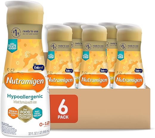 Enfamil Nutramigen Infant Formula, Hypoallergenic and Lactose Free Formula, Fast Relief from Severe Crying and Colic, DHA for Brain Support, Ready to Use Bottle, 32 Fl Oz, Pack of 6
