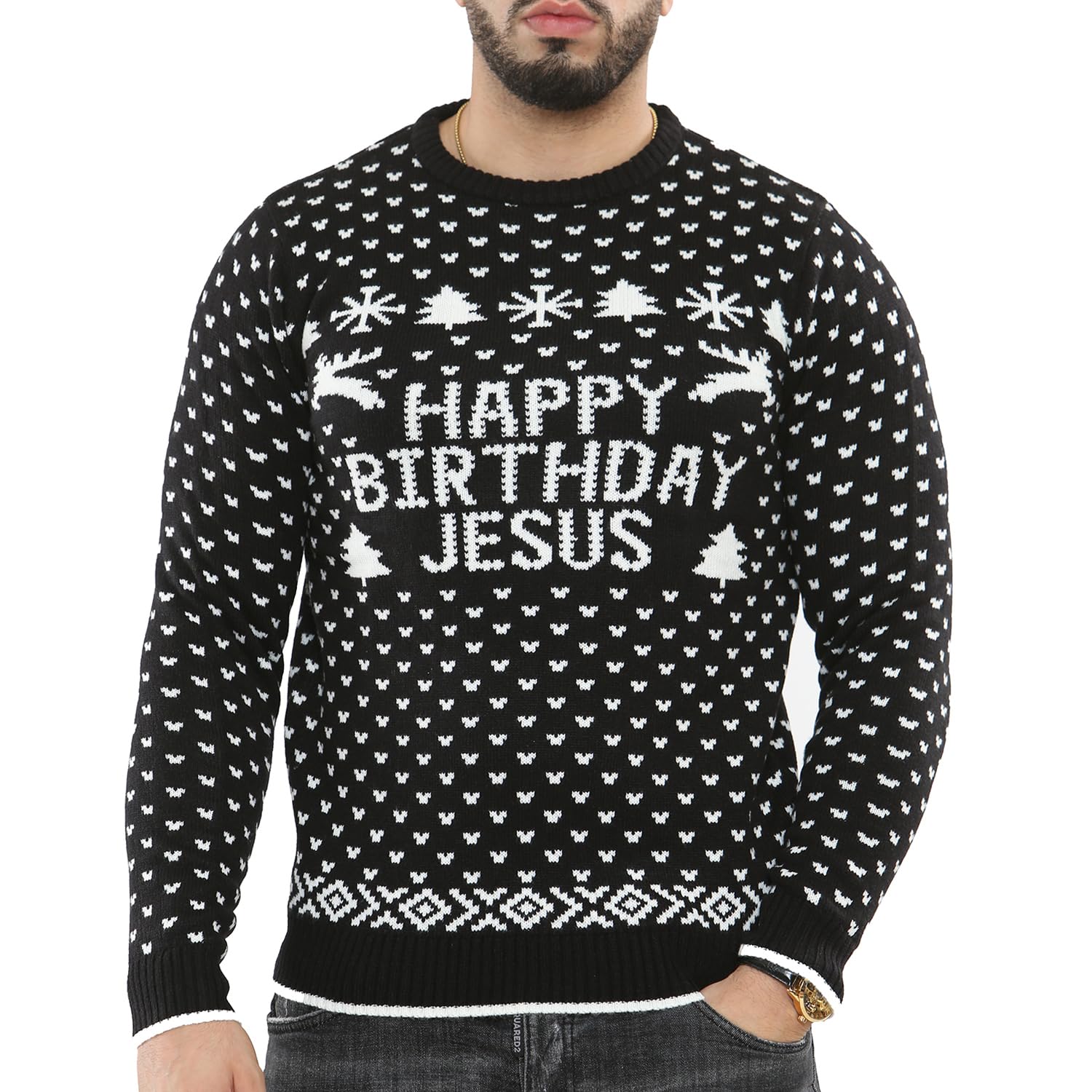 Noroze Men's Birthday Jesus Black Novelty Happy Birthday Jesus Merry Christmas Jumper Santa Knitted Sweater Top (Large, )