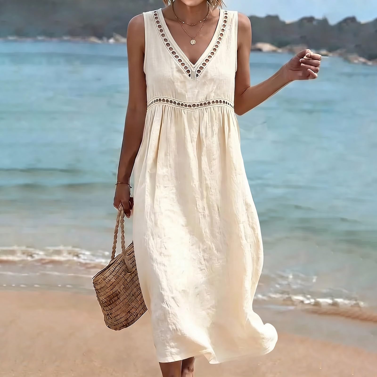 Abito estivo da donna in cotone, maxi abito estivo da spiaggia, leggero, comodo, per il tempo libero, senza maniche, arioso, abito da casa, abito midi con scollo a V, abito bohémien